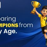 Young student holding a trophy with a message about preparing champions from an early age at Sharad Pawar International School.
