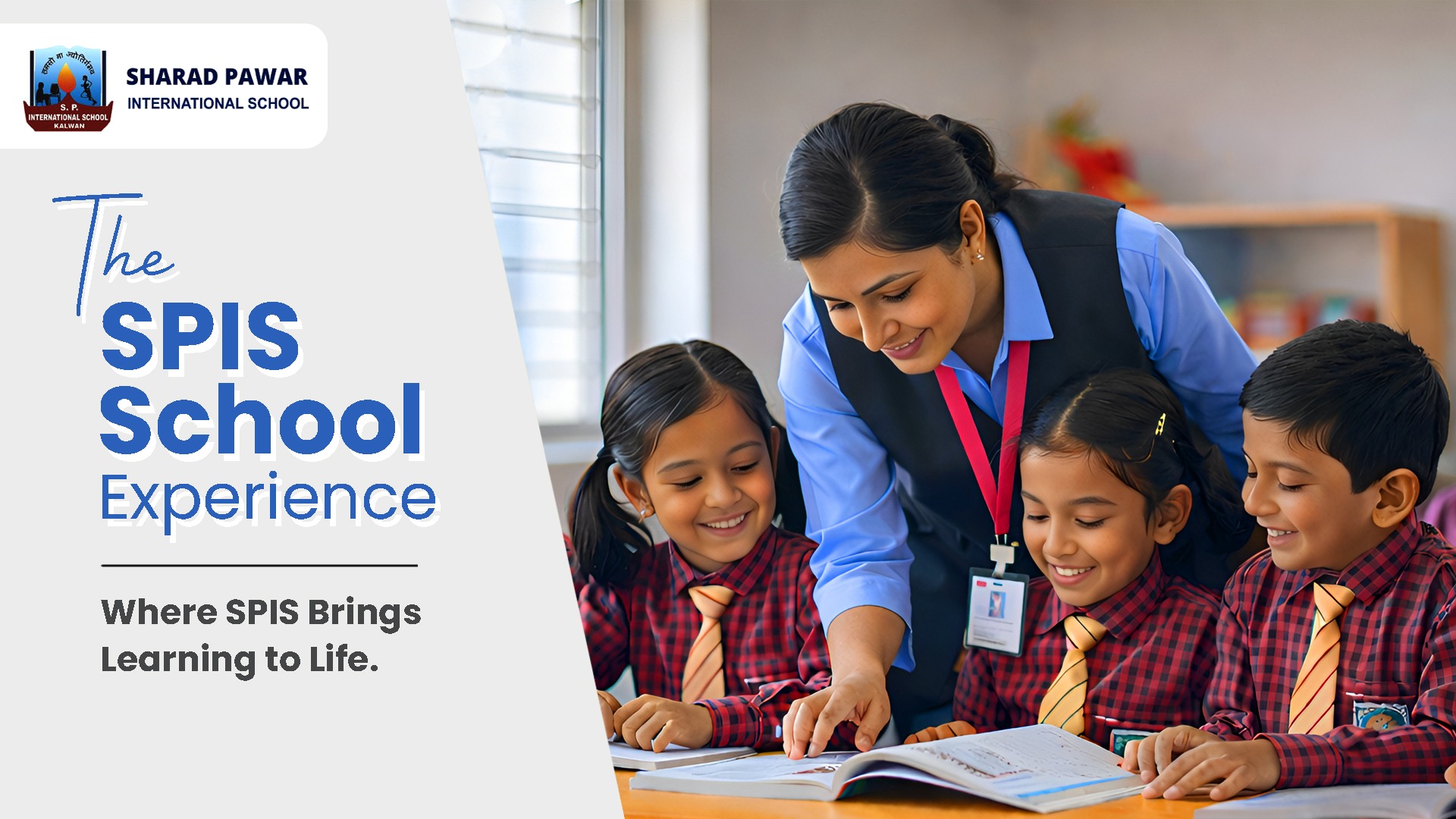 Teacher guiding two students through book-based learning at SPIS Kalwan